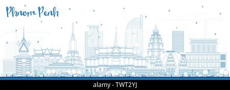 Profilo di Phnom Penh Cambogia skyline della città con edifici di colore blu. Illustrazione Vettoriale. Viaggi di affari e di turismo con il concetto di architettura storica. Illustrazione Vettoriale