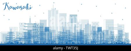 Delineare Kawasaki Giappone skyline della città con edifici di colore blu. Illustrazione Vettoriale. Viaggi di affari e di turismo con il concetto di architettura storica. Kawasaki Illustrazione Vettoriale