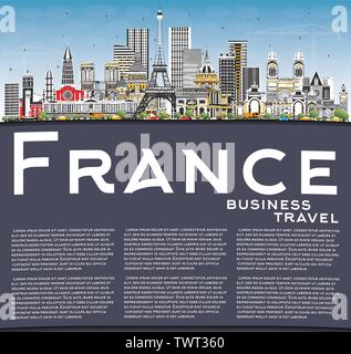 Benvenuti in Francia Skyline con edifici grigi, Blu Cielo e spazio di copia. Illustrazione Vettoriale. Illustrazione Vettoriale