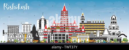 Rishikesh India skyline della città con edifici di colore e cielo blu. Illustrazione Vettoriale. Viaggi di affari e di turismo con il concetto di architettura storica. Illustrazione Vettoriale