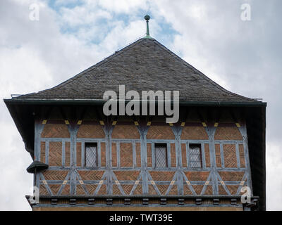 La Burgrave House, un centro medievale a struttura mista in legno e muratura edificio gotico sul castello di Karlstejn in Boemia, Repubblica Ceca Foto Stock