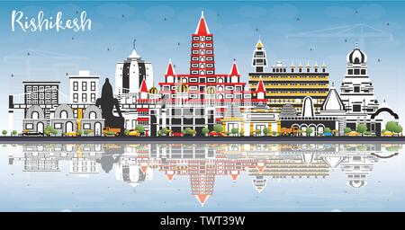 Rishikesh India skyline della città con edifici di colore, cielo blu e riflessi. Illustrazione Vettoriale. Illustrazione Vettoriale