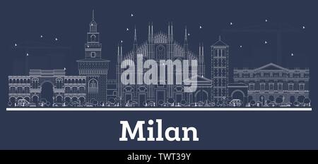 Profilo Milano Italia skyline della città con edifici bianchi. Illustrazione Vettoriale. Viaggi di affari e di turismo con il concetto di architettura storica. Illustrazione Vettoriale