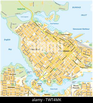 Mappa stradale dettagliata del centro cittadino di Vancouver, British Columbia, Canada Illustrazione Vettoriale