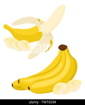 Grappolo di banane e fette isolati su sfondo bianco illustrazione vettoriale Illustrazione Vettoriale
