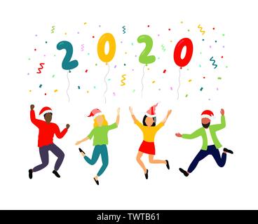 2020 Felice anno nuovo sfondo. Cartoon doodle illustrazione con persone azienda palloncini. Illustrazione Vettoriale