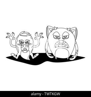 Mostri divertenti giovane comic caratteri monocromatici illustrazione vettoriale design Illustrazione Vettoriale