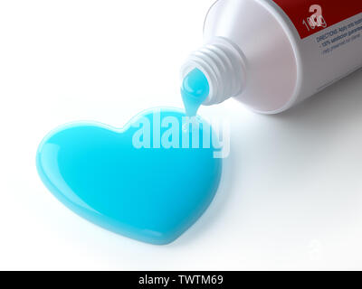 Il dentifricio a forma di cuore che esce dal tubo di dentifricio. La spazzolatura dei denti concetto dentale. 3d illustrazione Foto Stock
