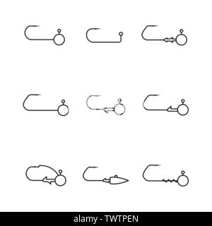 Gli accessori di pesca da linee sottili. Set di maschere diverse teste, isolati su sfondo bianco, illustrazione vettoriale. Illustrazione Vettoriale