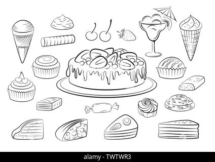 Set di Cibo dolce pittogrammi, torte, dolci, gelati, frutti di bosco e dolci. Contorni neri isolati su sfondo bianco. Vettore Illustrazione Vettoriale