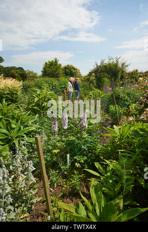 Persone che guardano intorno a un giardino murato in altezza dei mesi estivi, Inghilterra. Regno Unito. GB. Foto Stock