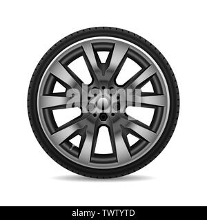 Ruota in alluminio pneumatico auto su sfondo bianco illustrazione vettoriale. Illustrazione Vettoriale