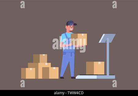 Corriere uomo in uniforme mettendo casella di pacchi su scale mail express consegna servizio logistico concetto orizzontale piana a piena lunghezza Illustrazione Vettoriale