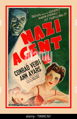 Vintage WW2 tempo di guerra di propaganda di intrattenimento film poster per il 1942 film "Agente nazista" "la ragazza e la gestapo ! Nascosto i nemici! È emozionante !" con Conrad Veidt e Ann Ayars. Diretto da Jules Dassin e prodotto da Irving Aser. MGM pictures. Foto Stock