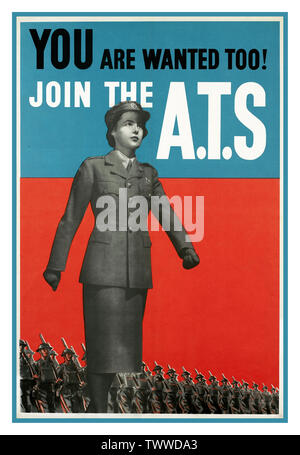 Vintage REGNO UNITO British WW2 poster di propaganda per la ATS "Si è voluto troppo!" " Unisciti alla ATS" di tre quarti di lunghezza fotografia di una giovane donna in marcia avanti in un ausiliario di servizio territoriale uniforme. In background, due linee di fanti marzo dietro di lei con fucili con spallamento. Stampate per H.M. Articoli di cancelleria per ufficio da C.A. Ltd. Data 1939 Seconda Guerra Mondiale II Guerra Mondiale Foto Stock
