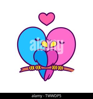 Cartoon carino uccelli giovane baciare con il cuore. Rosa femmina e maschio blu bird nell'amore. Valentines Day card illustrazione vettoriale. Illustrazione Vettoriale