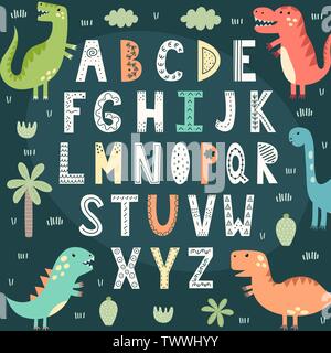 Funny alfabeto con simpatici dinosauri. Poster educativi per i bambini. Illustrazione Vettoriale Illustrazione Vettoriale