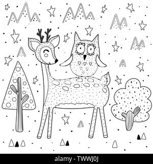 Migliori amici nella pagina di colorazione con divertenti cervi e Owl. Illustrazione Vettoriale Illustrazione Vettoriale