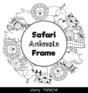 Animali safari in bianco e nero telaio circolare. Illustrazione Vettoriale Illustrazione Vettoriale