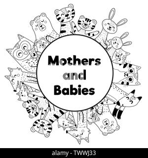 Telaio per la colorazione di pagina con simpatici animali - le madri e i bambini. Posto per il vostro testo. Illustrazione Vettoriale Illustrazione Vettoriale
