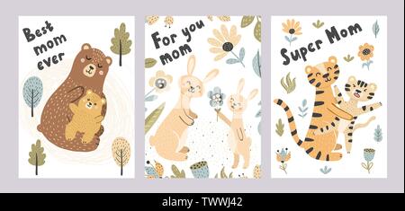 La festa della mamma cards collection. Adorabili e cartoline con simpatici animali - madre e neonato. Illustrazione Vettoriale Illustrazione Vettoriale