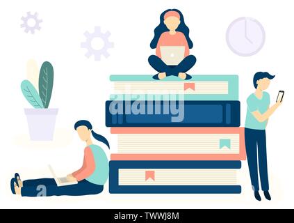 Online il concetto di istruzione per il web design. La gente seduta sui libri e di apprendimento con i diversi dispositivi - i notebook e cellulare. In stile appartamento mal di vettore Illustrazione Vettoriale