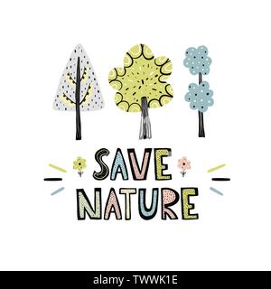 Salvare la natura disegnata a mano lettering con alberi di carino in stile scandinavo. Illustrazione Vettoriale Illustrazione Vettoriale