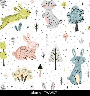 Incredibile foresta seamless pattern in stile scandinavo. Illustrazione Vettoriale Illustrazione Vettoriale