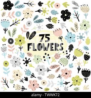 Insieme di piante e fiori in stile scandinavo. Molla di carino e la natura degli elementi per biglietti di auguri, stampe. Illustrazione Vettoriale Illustrazione Vettoriale