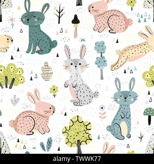 Conigli in boschi carino seamless pattern in stile scandinavo. Ottimo per bambini abbigliamento, materiale tessile, tessuto, carta da imballaggio, nursery decorazione. Vettore Illustrazione Vettoriale