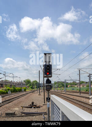 Luce di segnale per treni alla fine di una piattaforma impostato sul rosso. Il treno righe scompaiono nella distanza e vi è fogliame e case su ciascun lato Foto Stock