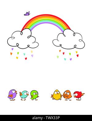 Uccelli divertenti sotto le nuvole e rainbow celebrare l amore - colorata disegnata a mano illustrazione vettoriale Illustrazione Vettoriale