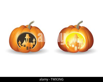 Zucche di Halloween Jack o lantern - castello scolpito forma con e senza luci - illustrazione di vettore isolato su sfondo bianco Illustrazione Vettoriale