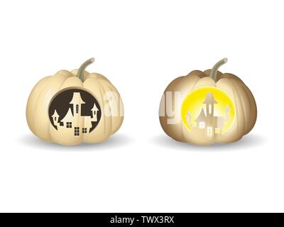 Bianco di Halloween zucche Jack o lantern - castello forma scolpita con e senza luci - illustrazione di vettore isolato su sfondo bianco Illustrazione Vettoriale