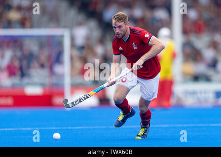 Londra, Regno Unito. 23 GIU, 2019. GRIFFITHS Christopher della Gran Bretagna in azione durante il connettore FIH Pro League: Gran Bretagna vs Nuova Zelanda (uomini) a Twickenham Stoop Domenica, 23 giugno 2019 a Londra Inghilterra. Credito: Taka G Wu/Alamy Live News Foto Stock