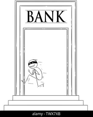 Vector cartoon stick figura disegno illustrazione concettuale del rapinatore o uomo in maschera di scappare da bank building con il furto di borsa di dollari o di denaro contante. Illustrazione Vettoriale