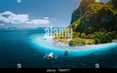 Antenna di epica drone immagine panoramica delle imbarcazioni turistiche che arrivano Pinagbuyutan tropicale Isola con ipil idilliaca spiaggia circondata da turchese blu Foto Stock