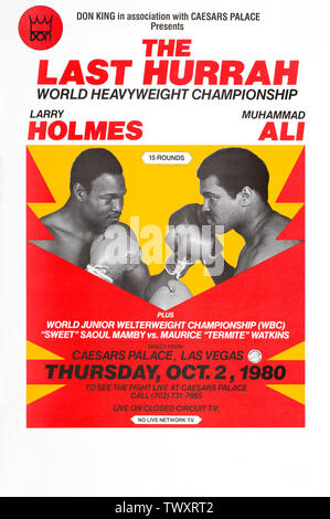 Muhammad Ali e Larry Holmes World Heavyweight Championship match di boxe poster Ottobre 2, 1980. Foto Stock