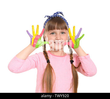 Carino bambina con le mani di vernice su sfondo bianco Foto Stock