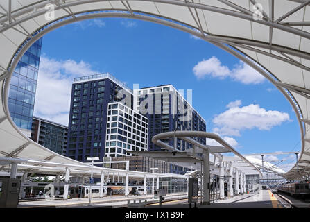 Denver Colorado - Giugno 22, 2019: Rinnovata la Union Station nel centro cittadino di Denver, Colorado. Foto Stock