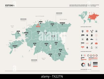 Mappa vettoriale dell'Estonia. Mappa del paese con la divisione, città e capitale Tallinn. Mappa politico, mappa del mondo, elementi infografico. Illustrazione Vettoriale