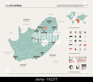 Mappa vettoriale del Sud Africa (RSA). Mappa del paese con la divisione, città e capitale Pretoria. Mappa politico, mappa del mondo, elementi infografico. Illustrazione Vettoriale