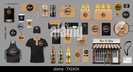 Branding corporate identity design template per negozio di birre. La fabbrica di birra di elementi per la vostra birra pub o bar. Mockup realistica per il tuo marchio. Vettore Illustrazione Vettoriale