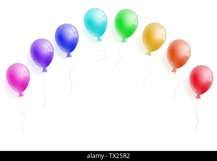 Vettore elio realistico colorfull rainbow palloncini. Perfetto per annuncio, vendita, flyer, biglietto di auguri, invito, poster, offerta. Spazio libero per il testo. Th Illustrazione Vettoriale