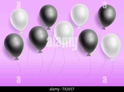 Vector realistico in bianco e nero dei palloncini di elio su sfondo viola. Taamplate per biglietto di auguri. Tridimensionale di illustrazione. Eps 10. Illustrazione Vettoriale