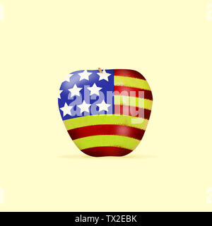 Una vista altrnative a stelle e strisce, bandiera degli Stati Uniti d'America come un Apple su sfondo giallo. Il design moderno. Arte contemporanea. Creative e concettuali collage colorato. Foto Stock