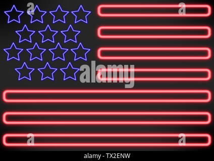 Una vista altrnative a stelle e strisce, bandiera degli Stati Uniti d'America con neon blu a stelle e linee rosse. Il design moderno. Arte contemporanea. Creative e concettuali collage colorato. Foto Stock