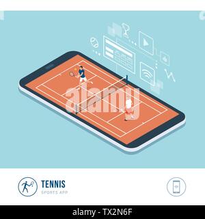 Sport Professionali concorrenza: i giocatori di tennis durante un match, mobile app Illustrazione Vettoriale