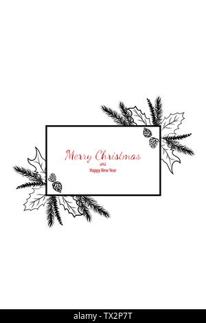 Merry Christmas doodle card semplice telaio dono. Abete disegnati a mano in bianco nero vacanza vector graphic design. Illustrazione Vettoriale