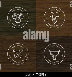 Gli animali della fattoria illustrazione o vettore logo set di 4 illustrazioni isolate in legno sfondo vettoriale Illustrazione Vettoriale